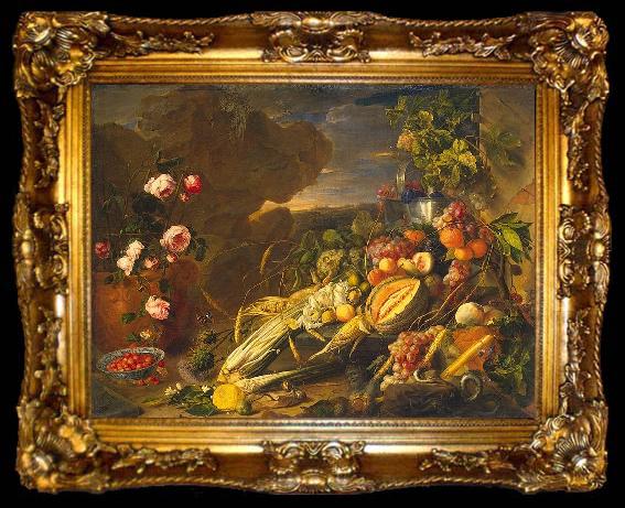framed  Jan Davidz de Heem Fruit and a Vase of Flowers, ta009-2